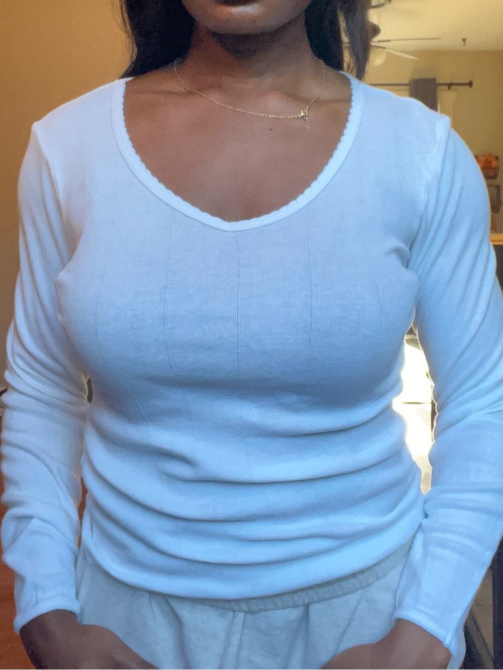 White 100% Cotton Pointelle Scallop Neck Long Sleeve Top romantic basic